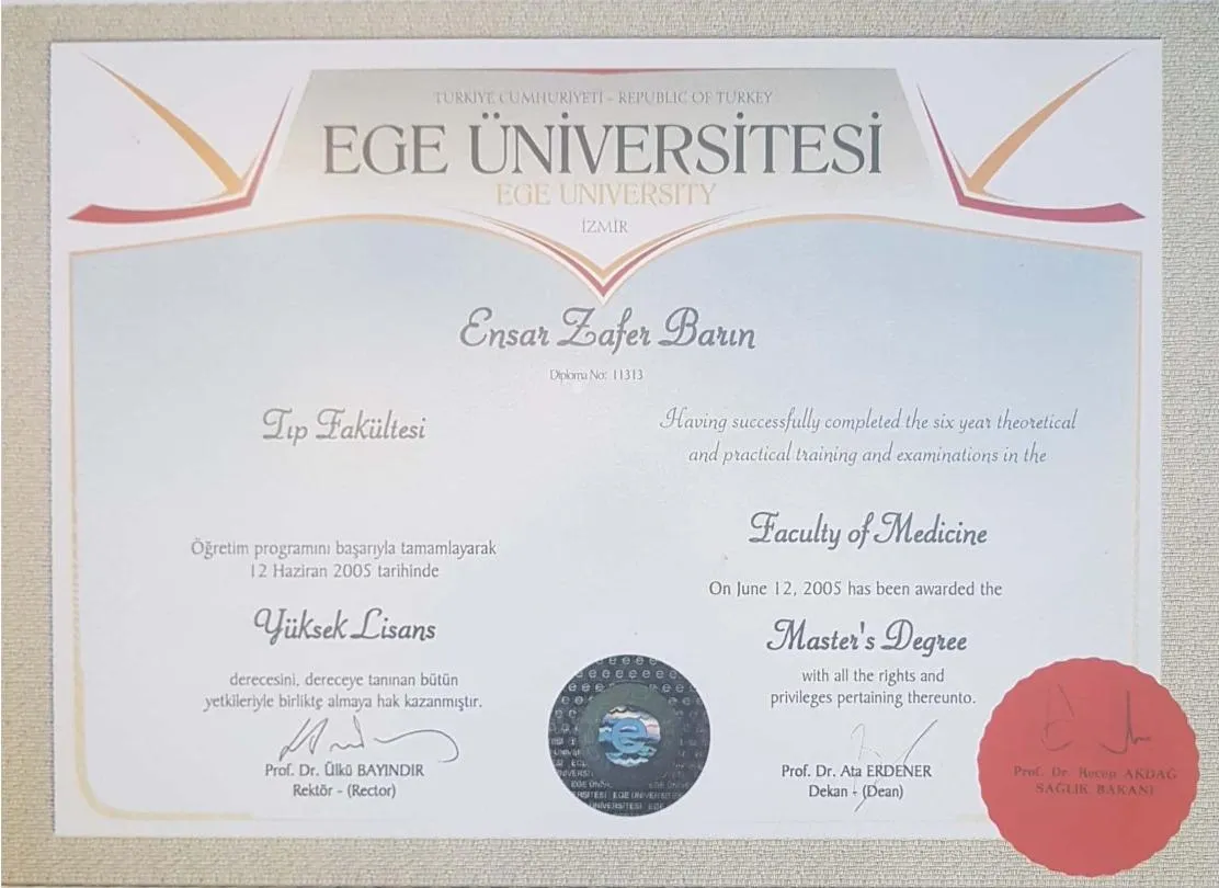 Ege University Faculty of Medicine diploma